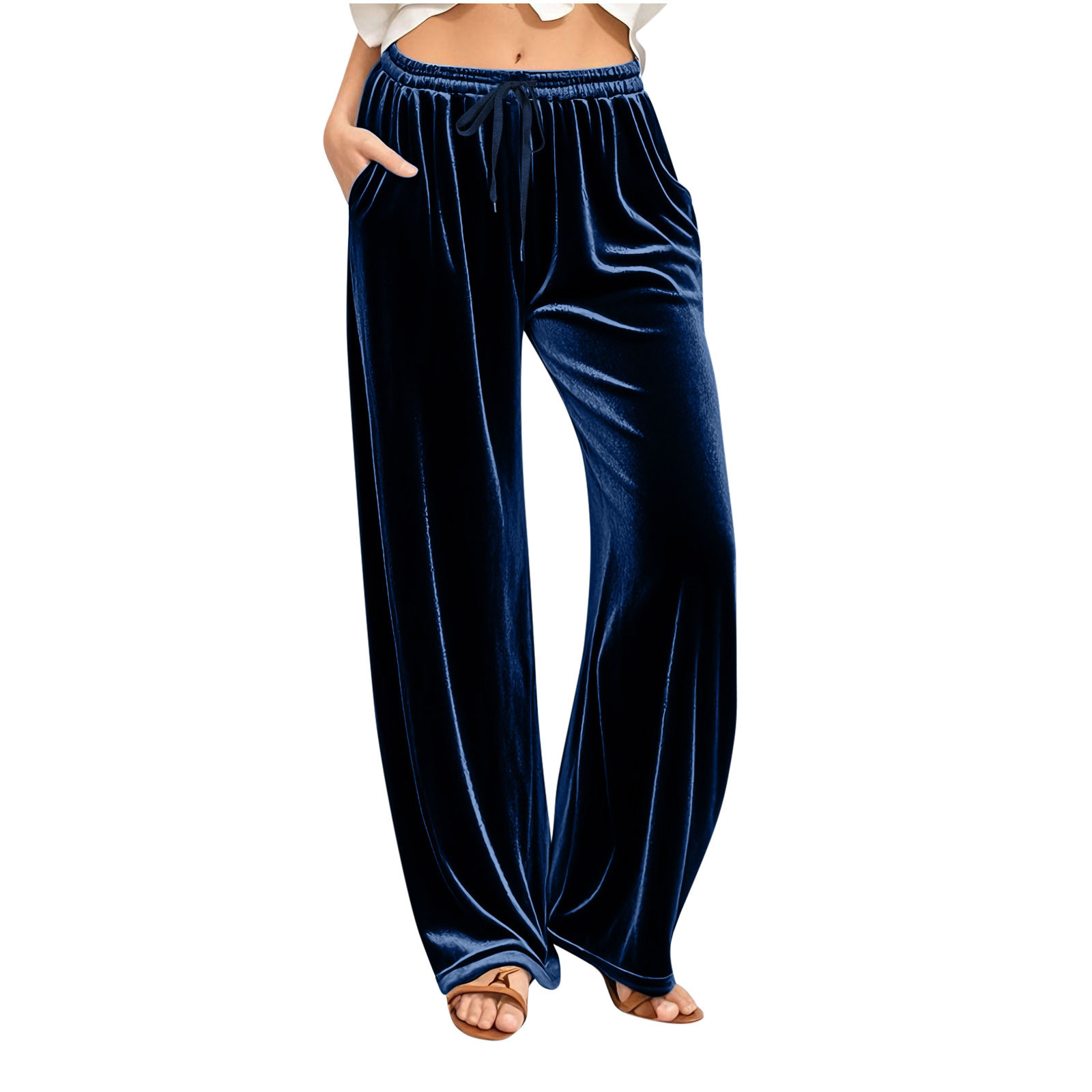 Womens Velvet Wide Leg Pants Elastic Waist Loose Fit Lounge Trousers